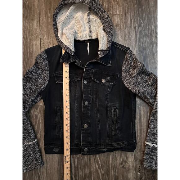 Free People Distressed Denim Heathered Gray Knit Sleeve Jacket size S - Picture 5 of 6